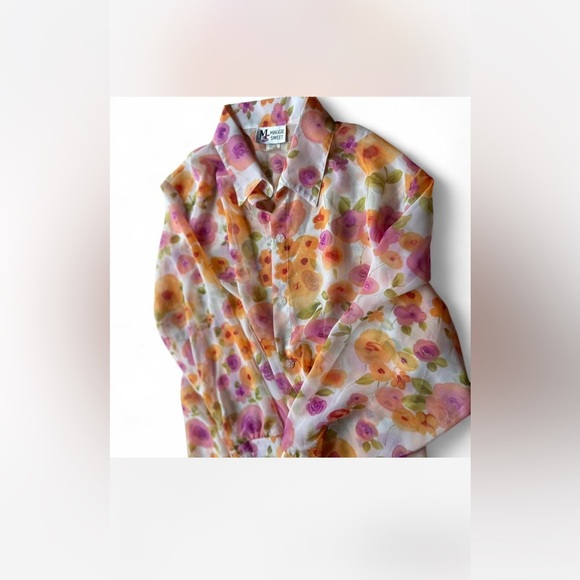 Vintage Pastel Floral Print Sheer Long Botton Down Blouse Collard Size *2XL - Picture 1 of 7
